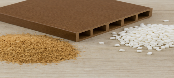  WPC board with wood powder and polymer granules used in its manufacturing